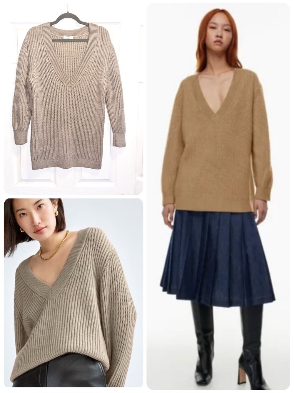 Aritzia Babaton Roger Long V-Neck Merino Wool Tan Sweater Oversized Size XS